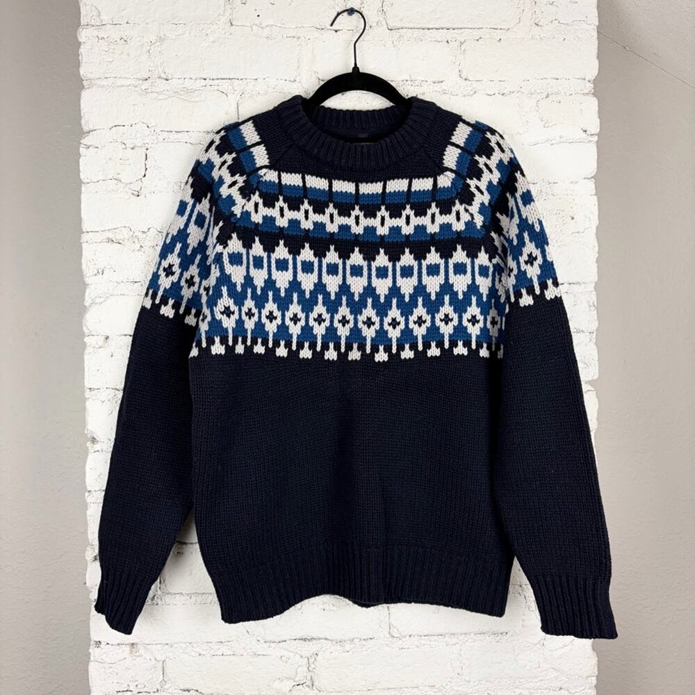 L.L Bean Fair Isle Navy Chunky Knit Lambswool Sweater Medium